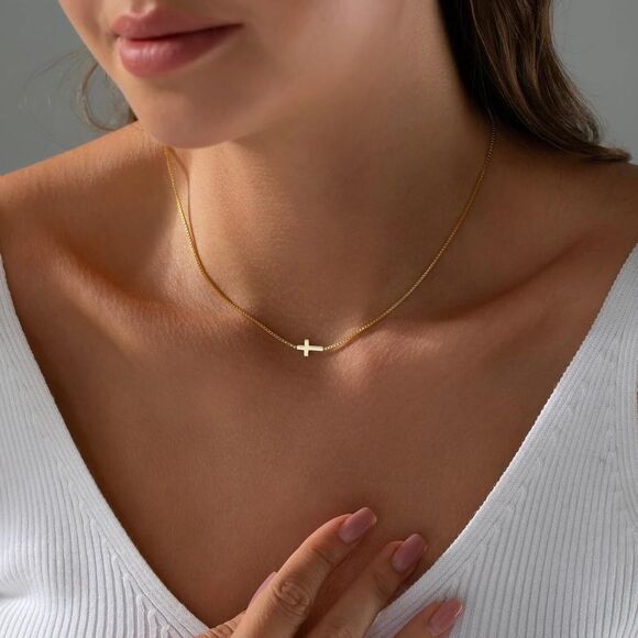 Cross Necklace 14K Gold Plated Dainty Minimalist Sideways Cross Pendant Chain - Picture 5 of 8
